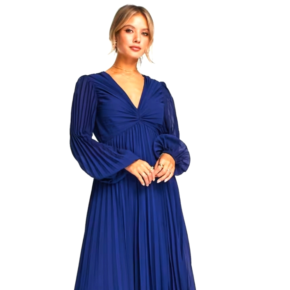 ASOS DESIGN pleated bodice plunge neck midi dress in navy